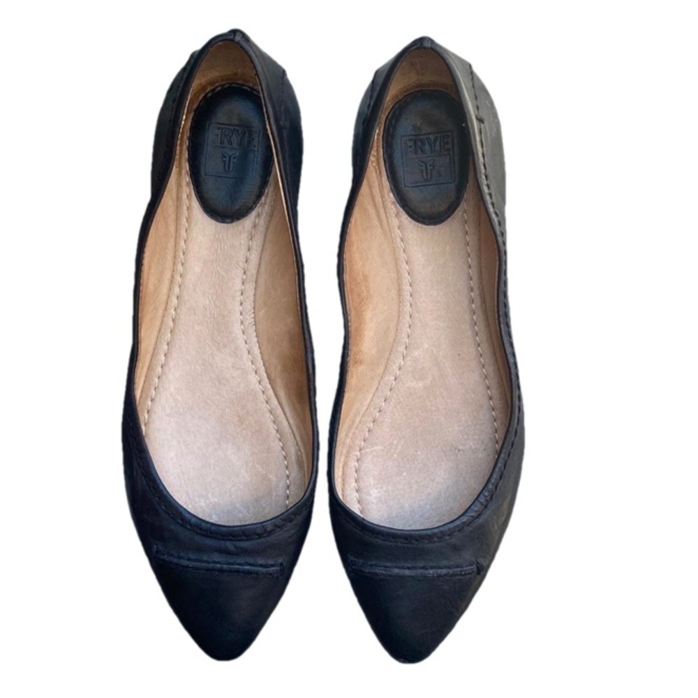 Frye Black Leather Olive Seam Pointed Ballet Flat Slip On Loafer Shoe 8M